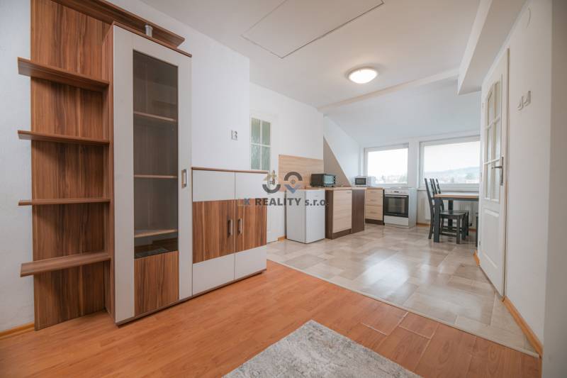 Living room with wood-decor flooring and kitchen in a two-room apartment.