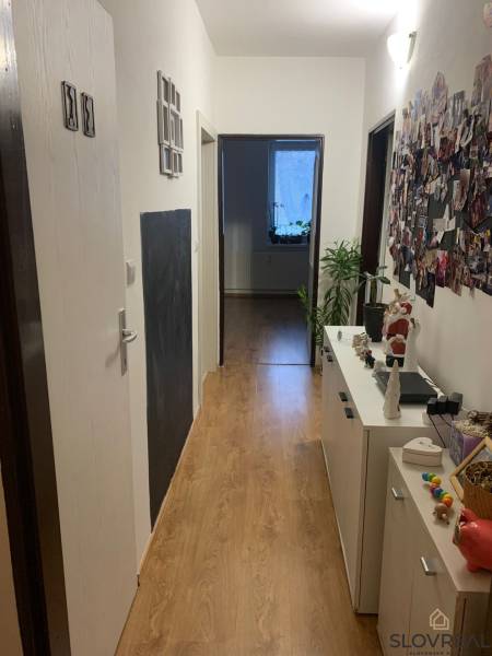 A hallway with a wooden decor floor, a chest of drawers, and decorations, a 2-room apartment.