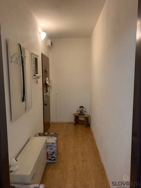 A narrow hallway with white walls, a wooden decor floor, and minimalist furniture.