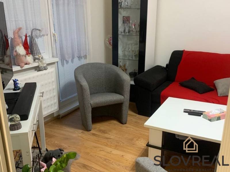 Living room in a two-room apartment with colorful furniture and a wooden decor floor.