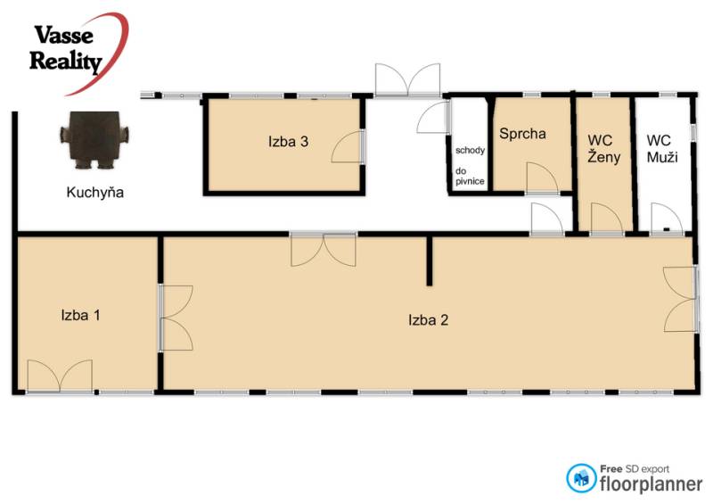 Floor plan of gastro spaces with a kitchen, three rooms, and sanitary facilities.