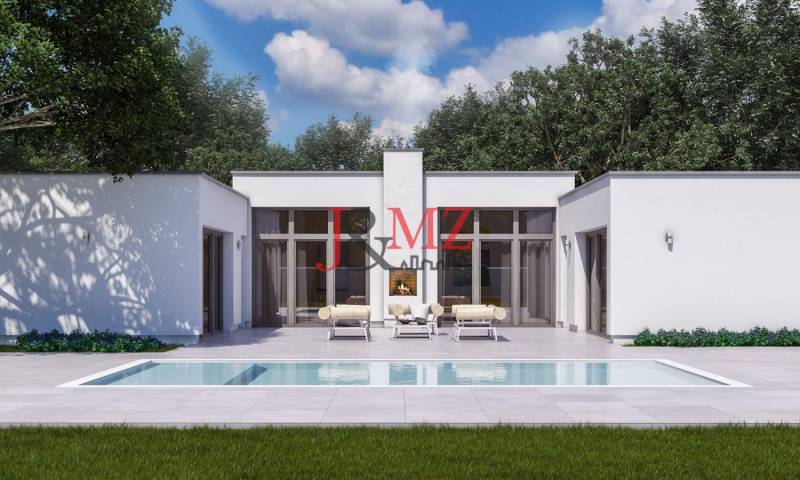 A family house in Dolná Seč with a garden pool and a terrace surrounded by greenery.