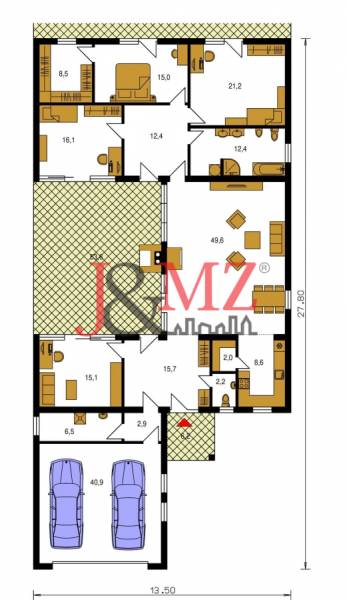 Floor plan of a single-story family house with a garage and a spacious living room.