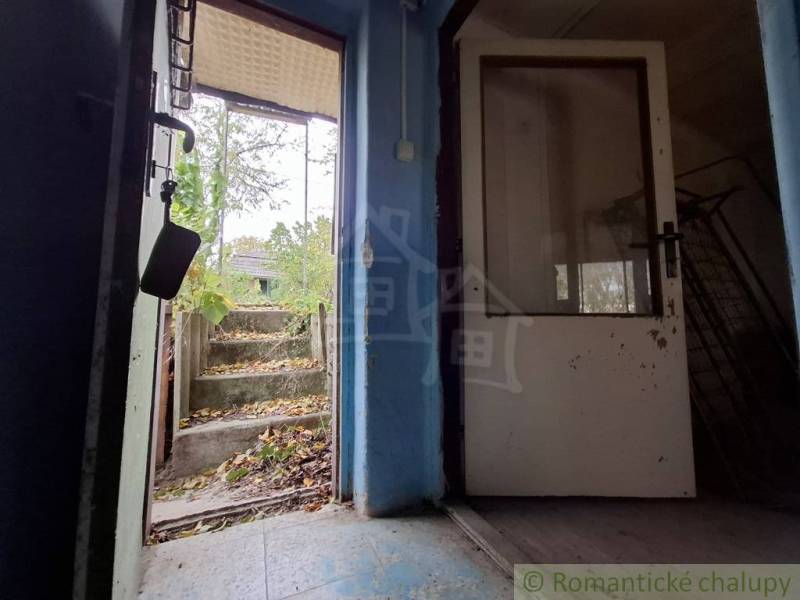 The doors leading from the cottage to the garden with leaves and concrete steps in Kamenín.