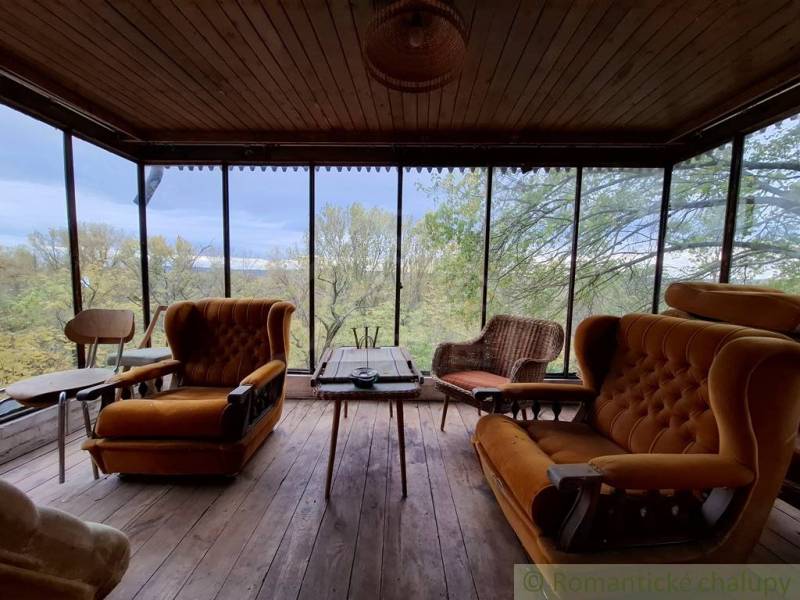 Interior of a cabin with comfortable armchairs and a view of trees through large windows.
