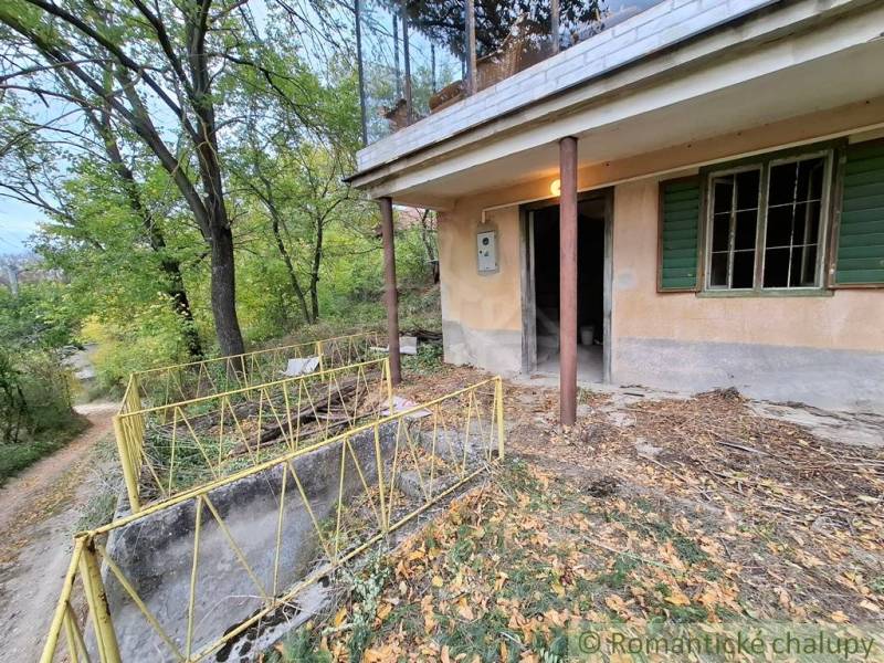A cottage in Kamenín surrounded by trees and a railing, with an entrance on a concrete terrace.