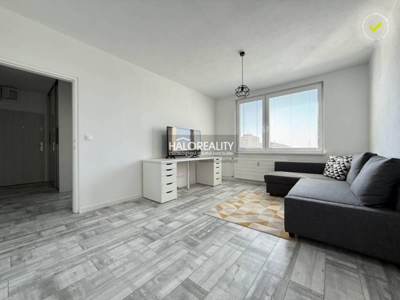 Living room in a two-room apartment with a wooden decor floor and a gray sofa.