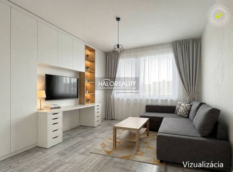 Living room with a corner sofa, TV on the wall, and a floor with a wooden decor in a 2-room apartment.