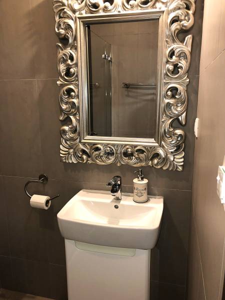 A bathroom in a studio apartment with a prominent mirror and sink.
