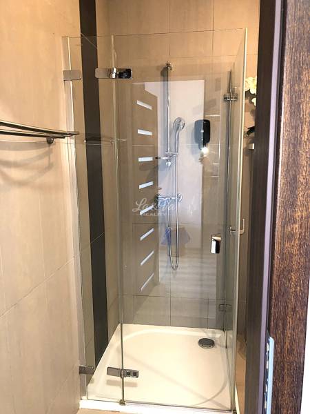 Shower corner with a glass screen in a studio apartment with soft beige tiles.