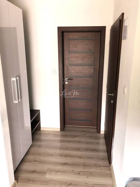 A studio apartment with a wood-patterned floor, dark doors, and a white wardrobe.