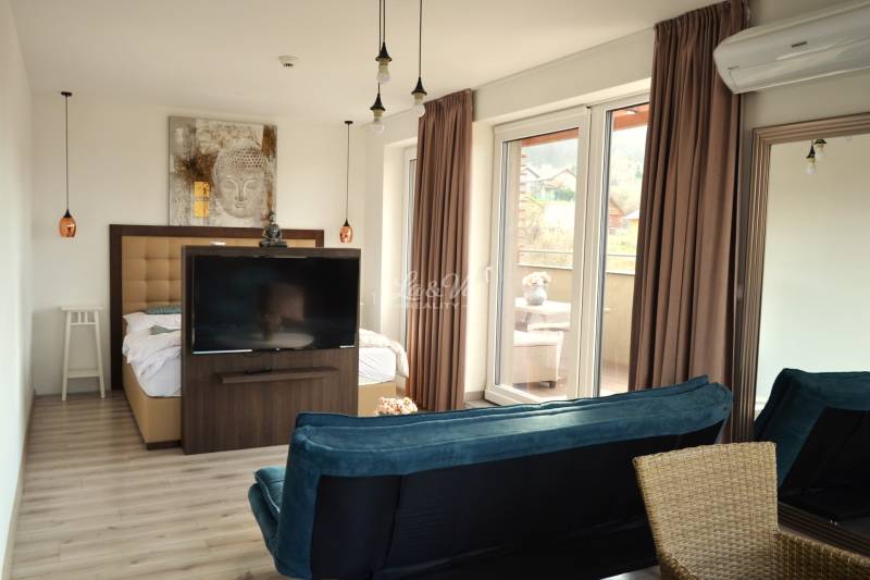 Interior of a 2-room apartment with wood-patterned flooring, a television, and a balcony.