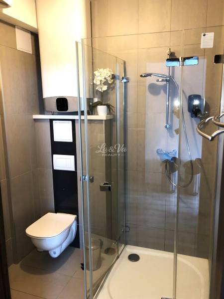 A bathroom in a 2-room apartment with a shower and a wall-mounted toilet.
