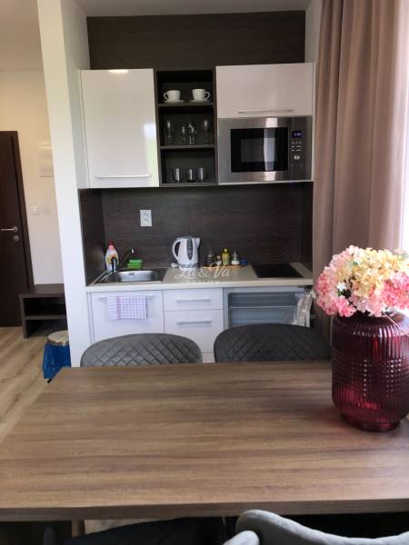 A kitchen in a 2-room apartment with white cabinets and a microwave.
