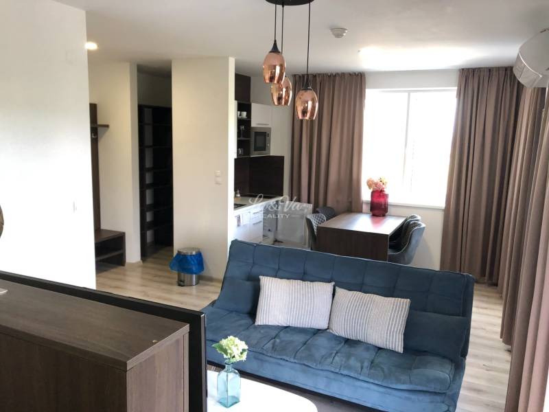 Living room in a two-room apartment with a sofa and a dining table; floor with wood decor.
