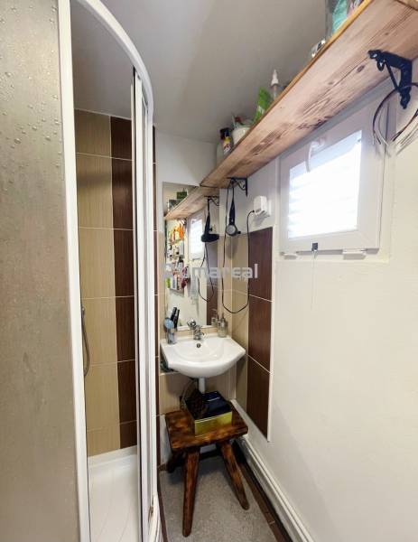 Compact bathroom with a wooden shelf and a shower enclosure in a family house.