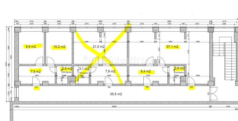 Floor plan of offices with exact room dimensions, total 37.1 m2.