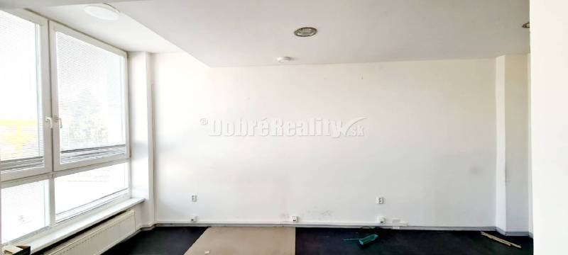 White walls with a large window and wood-patterned flooring in the office.