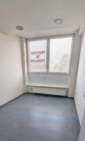 A small office with large windows and a wooden decor floor.