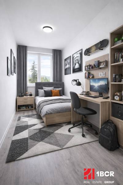 A room with a wooden floor decor, a bed, and a desk in a three-room apartment.