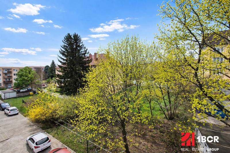 View from a 3-room apartment on Dukelská Street in Bernolákovo with lush vegetation.