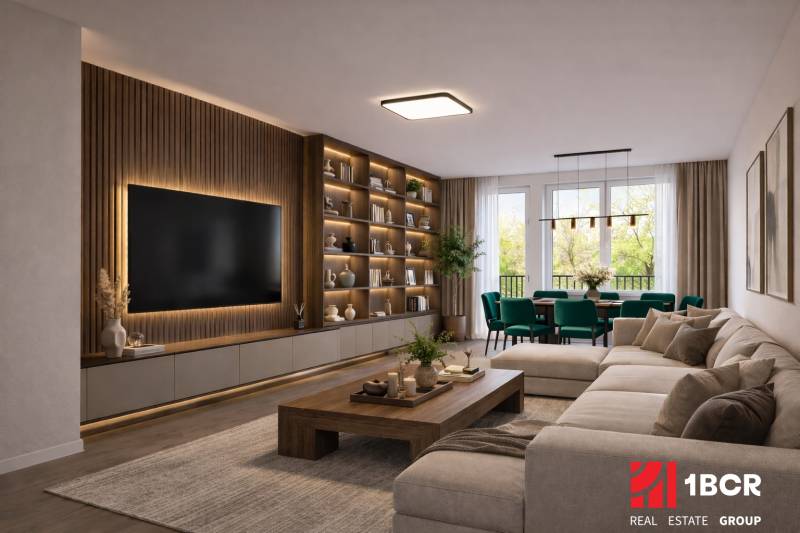 A stylish living room with a sofa, wooden decor flooring, and a large TV in a 3-room apartment.