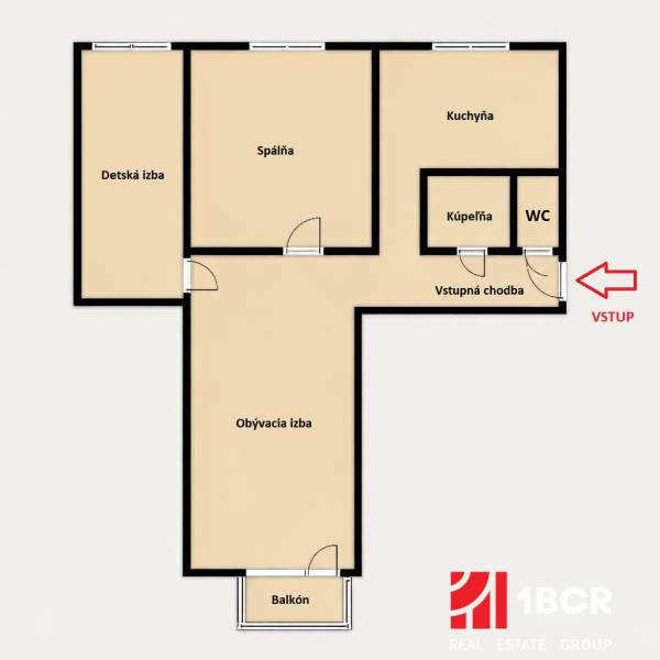 Floor plan of a 3-room apartment with a bedroom, children's room, kitchen, and living room with a balcony.