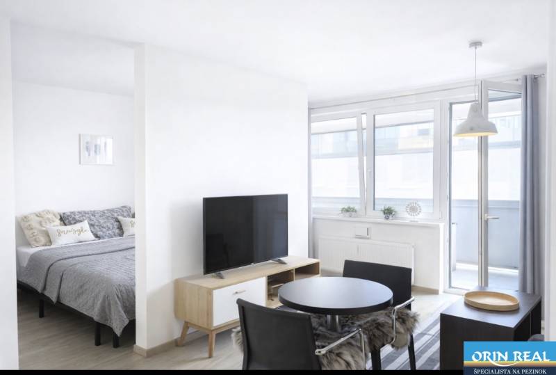 Bright living room in a two-room apartment with a television and a dining table.