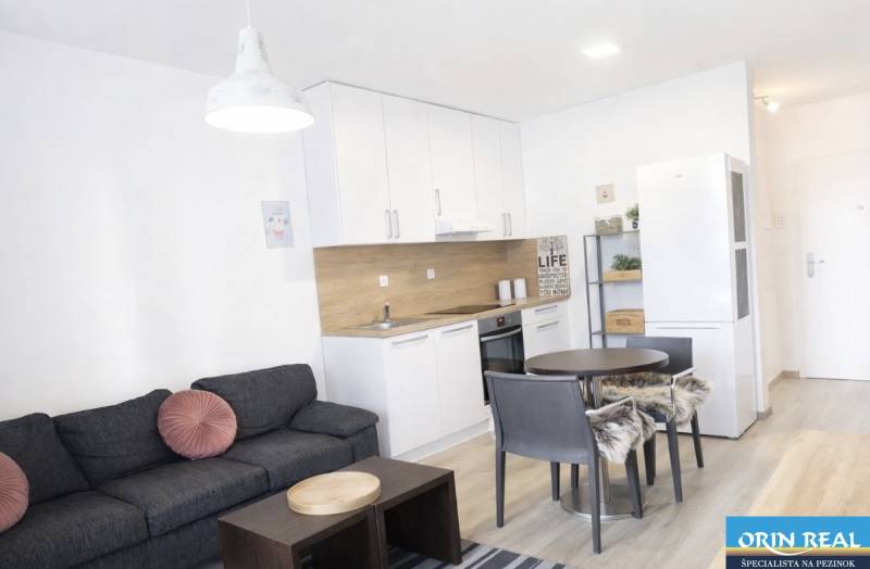 Living room with kitchen in a two-room apartment, floor with wooden decor.