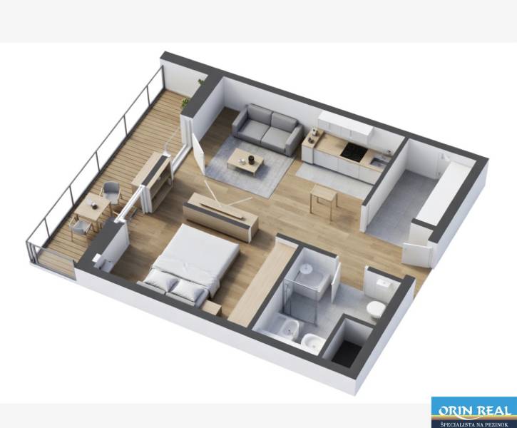 Floor plan of a 2-room apartment with a balcony and wooden decor flooring.