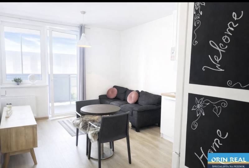 Living room in a 2-room apartment with a wooden decor floor and a balcony.