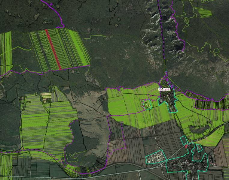 Aerial view of agricultural and forest lands around Dvorníky-Včelár.