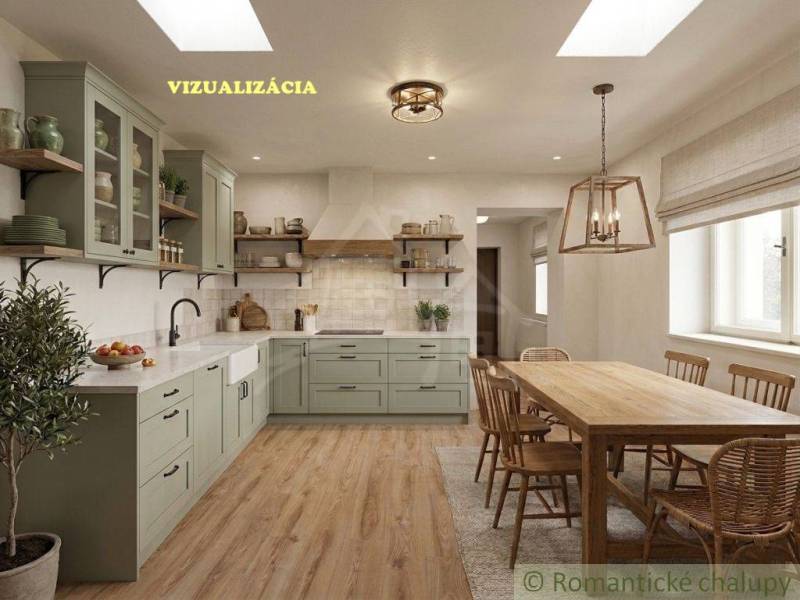 Interior of a family house with a kitchen, wooden decor, and a kitchen table with a lamp.