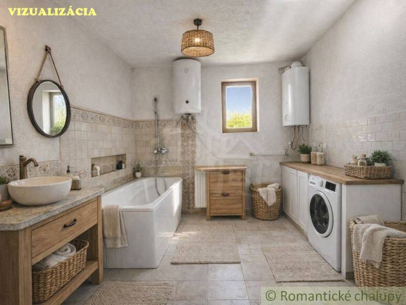 A bathroom with a bathtub, wooden furniture, and a washing machine in a family house.