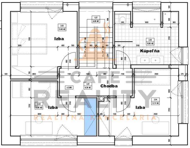 A floor plan of an apartment with three rooms, a bathroom, and a hallway, Land - living.