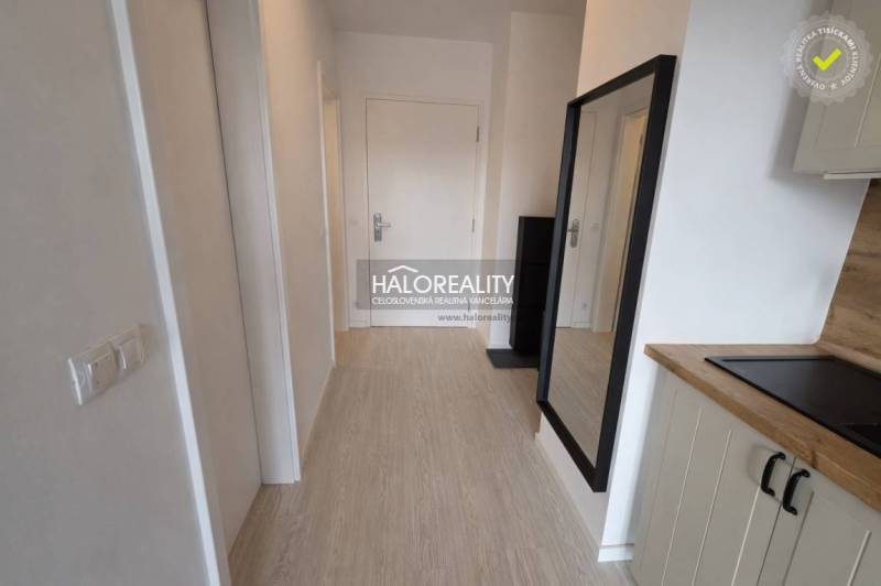 A hallway with a mirror, a floor with a wooden decor, and a kitchen unit in a 2-room apartment.