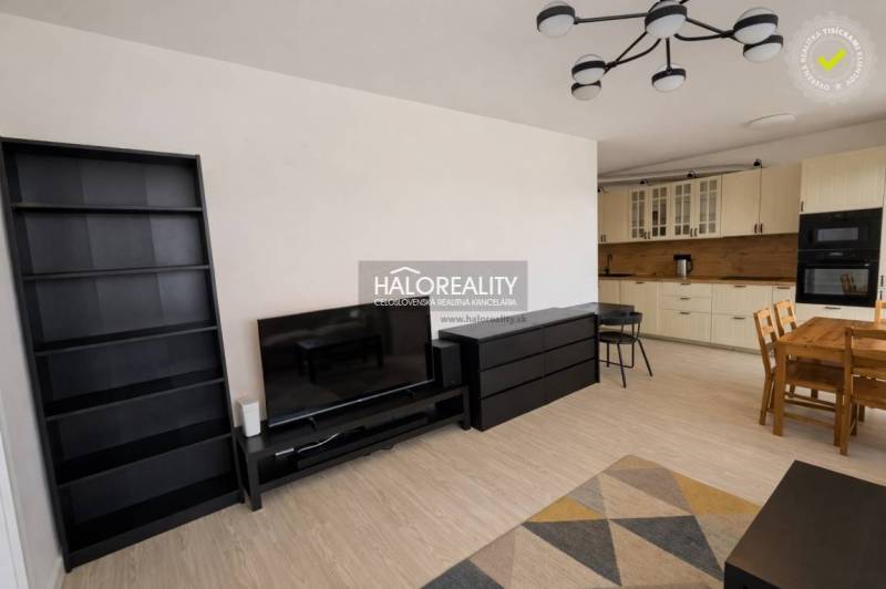 Living room in a two-room apartment with a kitchenette and a wooden decor floor.