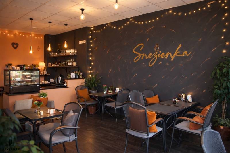 Gastro premises with wooden decor flooring, comfortable seating, and subdued lighting.