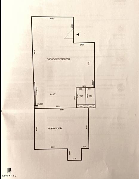 Floor plan of the gastro area with a service section and preparation room, including two restrooms.