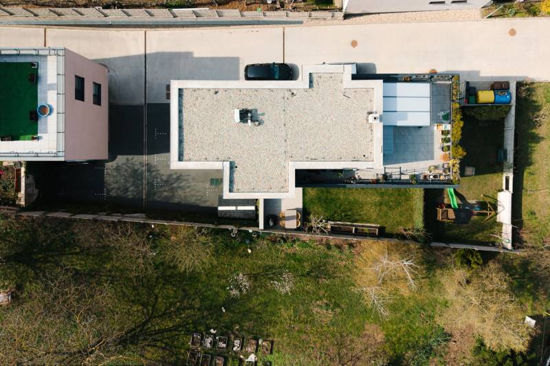 Aerial view of the roof and yard of a 4-room apartment on Cesta na Klanec, in Bratislava - Lamač.