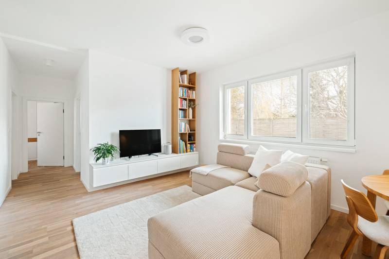 Bright living room in a 4-room apartment with wood-patterned flooring, a sofa, and a TV.