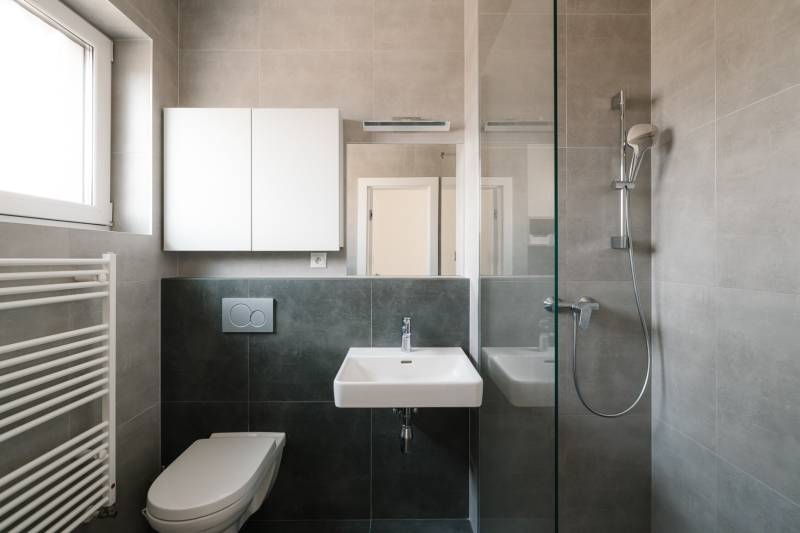 Bathroom in a 4-room apartment with a sink, shower, toilet, and cabinet.