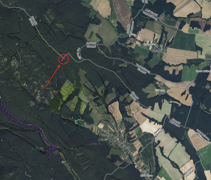 Aerial view of agricultural and forest lands around Zlatníky and Cimenná.