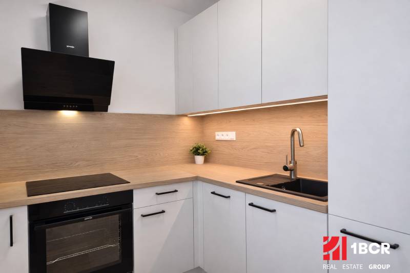 A kitchen in a 2-room apartment with a wood decor, white cabinets, and a black sink.