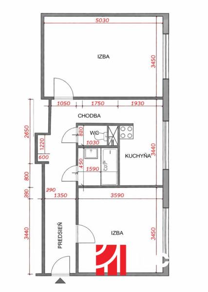 Floor plan of a 2-room apartment with the layout of rooms and kitchen.