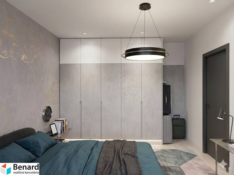 A bedroom in a 3-room apartment with built-in wardrobes and elegant lighting.