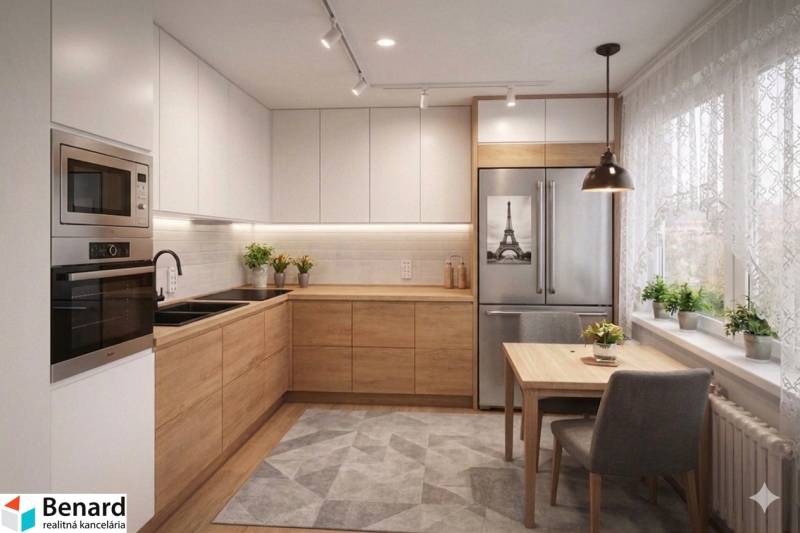 A kitchen with a wood-decor floor in a 3-room apartment, equipped with appliances and a dining table.