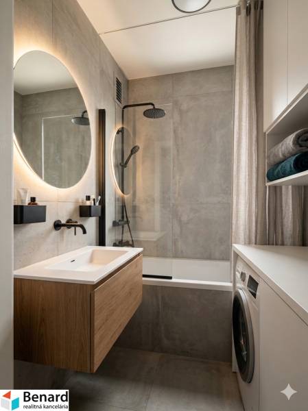 Bathroom in a 3-room apartment with a shower, sink, washing machine, and illuminated mirror.