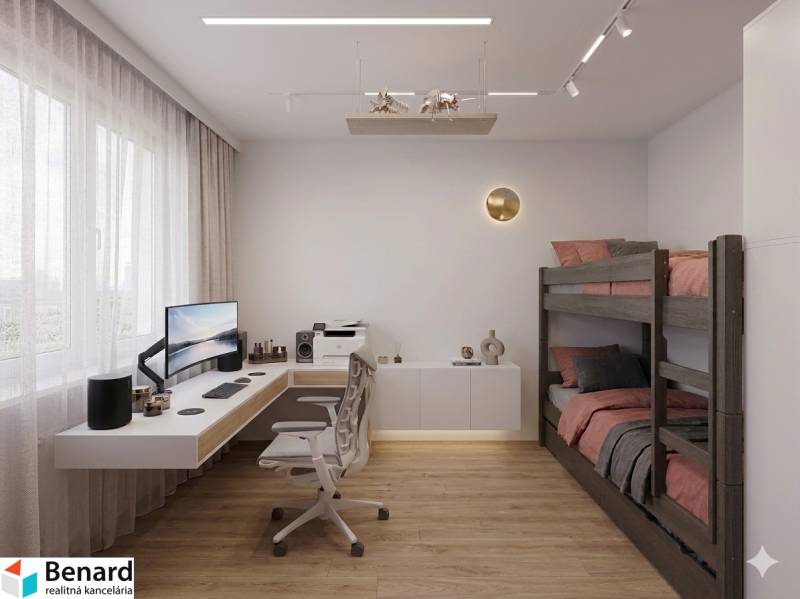A room in a 3-room apartment with beds and a desk, floor with wooden decor.