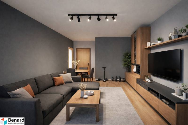 Living room in a 3-room apartment with a dark couch and a wooden decor floor.